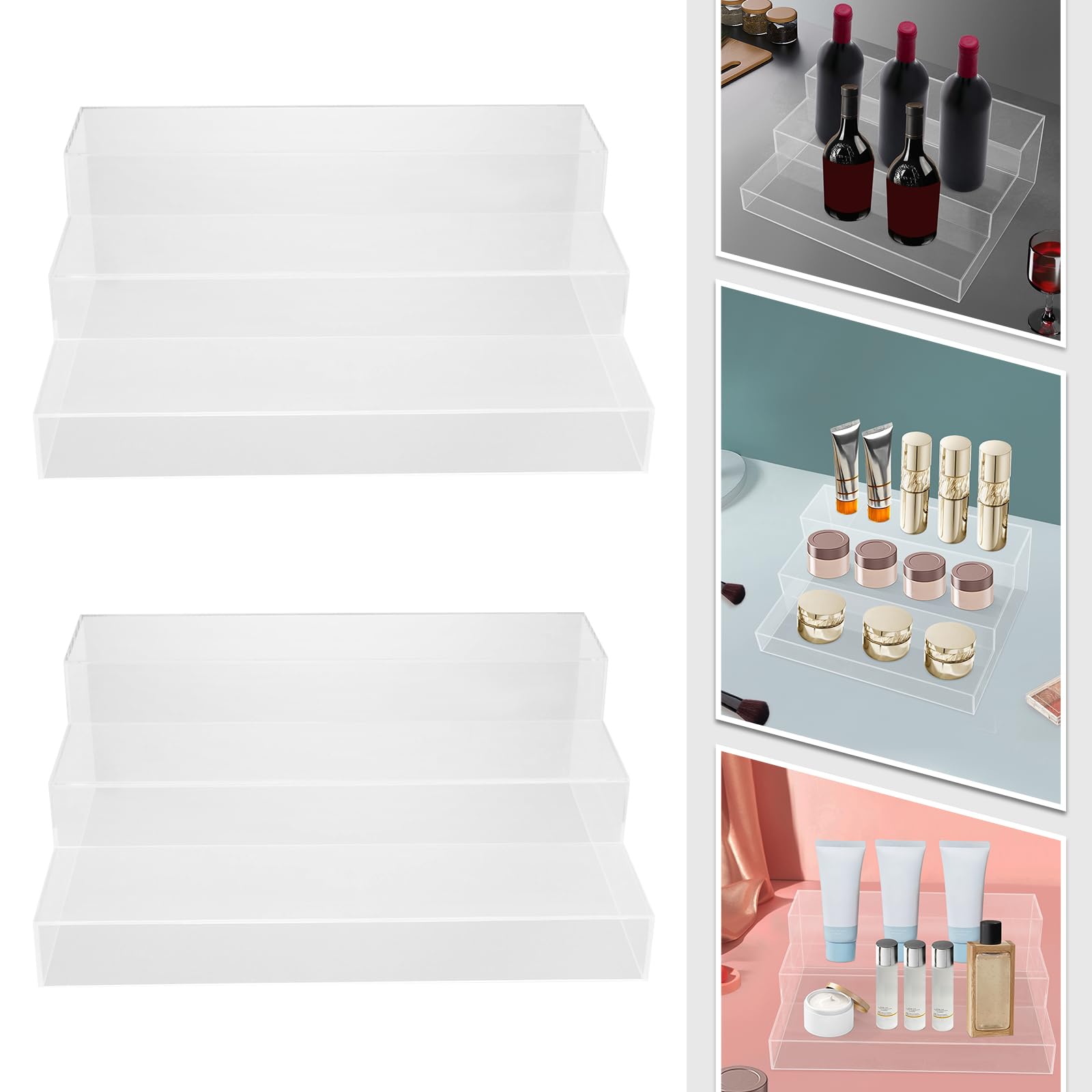 2PCS Liquor Bottle Display Shelf, 16 Inch 3-Step Acrylic Bar Shelf Countertop Riser Display with Hollow Base, 11lbs Capacity/Tier for Home, Commercial Bar (Clear)