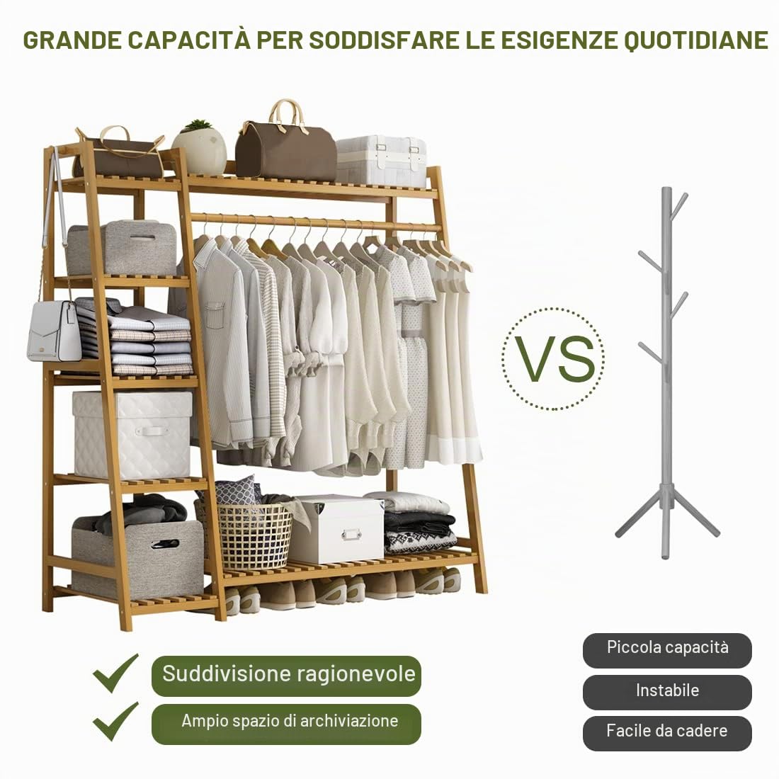 Appendiabiti in bambù, Appendiabiti multifunzionale, Stand appendiabiti da terra, Porta abiti da camera, con 2 ripiani,facile da assemblare 110x40x140cm