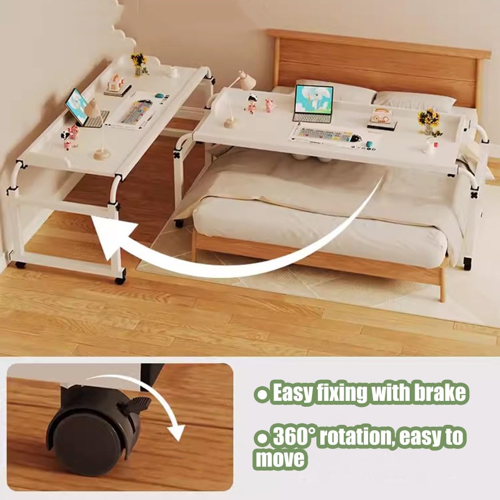 Adjustable Overbed Table on Wheels for Bedroom Living Room Office Height/Width Adjustable Desk for Work Eating White 140x45x65 95cm