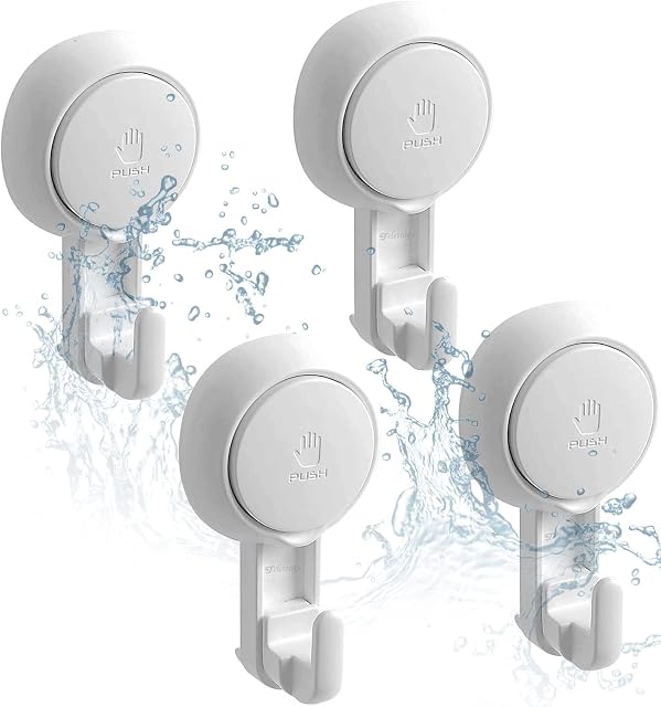 Teletrogy Bathroom Suction Cup Hooks 11LBs (Max) for Shower Kitchen Window, Removable Push Plastic Hook, Heavy Duty Multi-Purpose Indoor Vacuum Hanging Hanger for Wreath Towel Cloth Key, 4 Pack, White