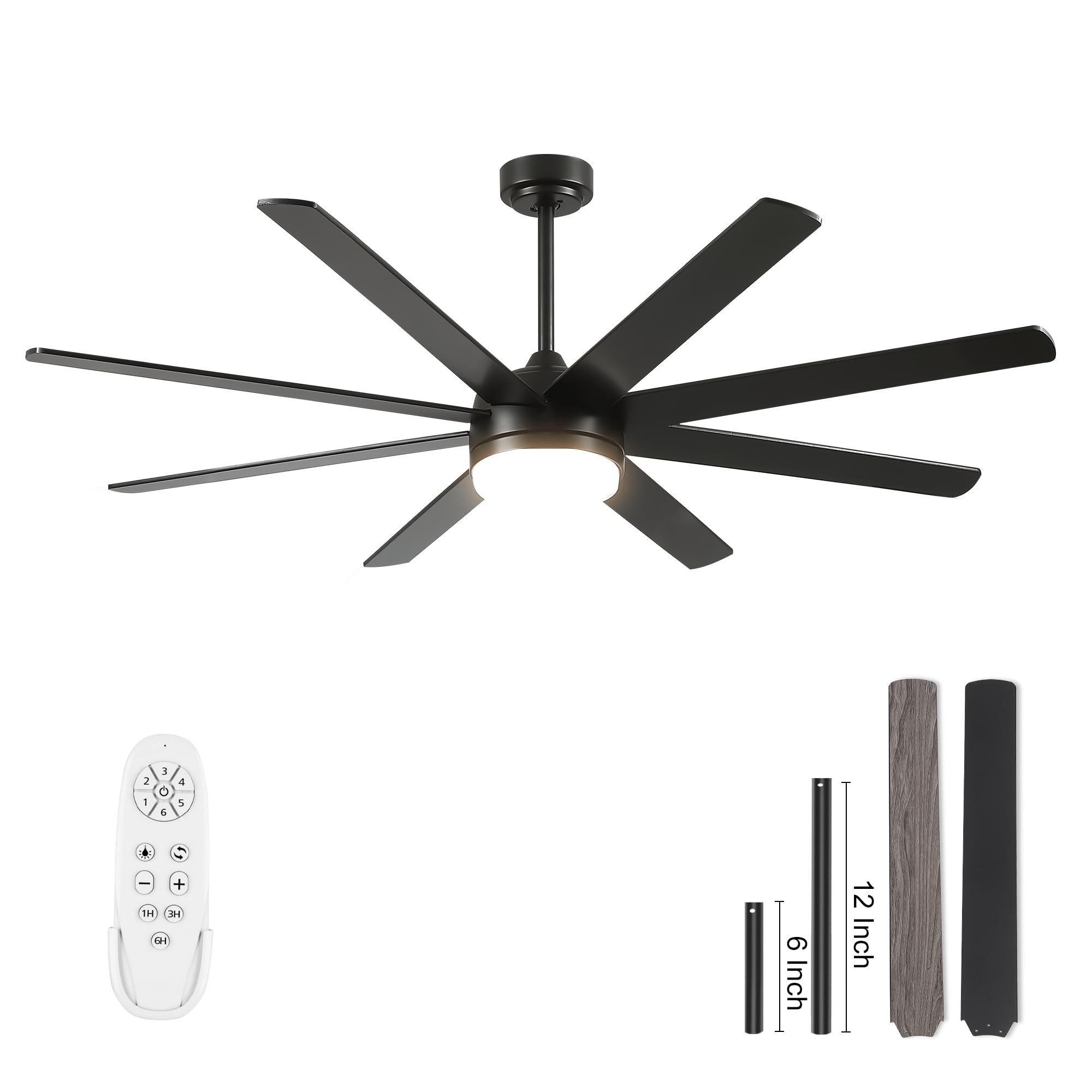 YUHAO 62 Inch Black Ceiling Fan with Light and Remote Control.Noiseless,Dimmable,3CCT,6 Speeds Reversible, DC Ceiling Fans for Indoor or Covered Outdoor