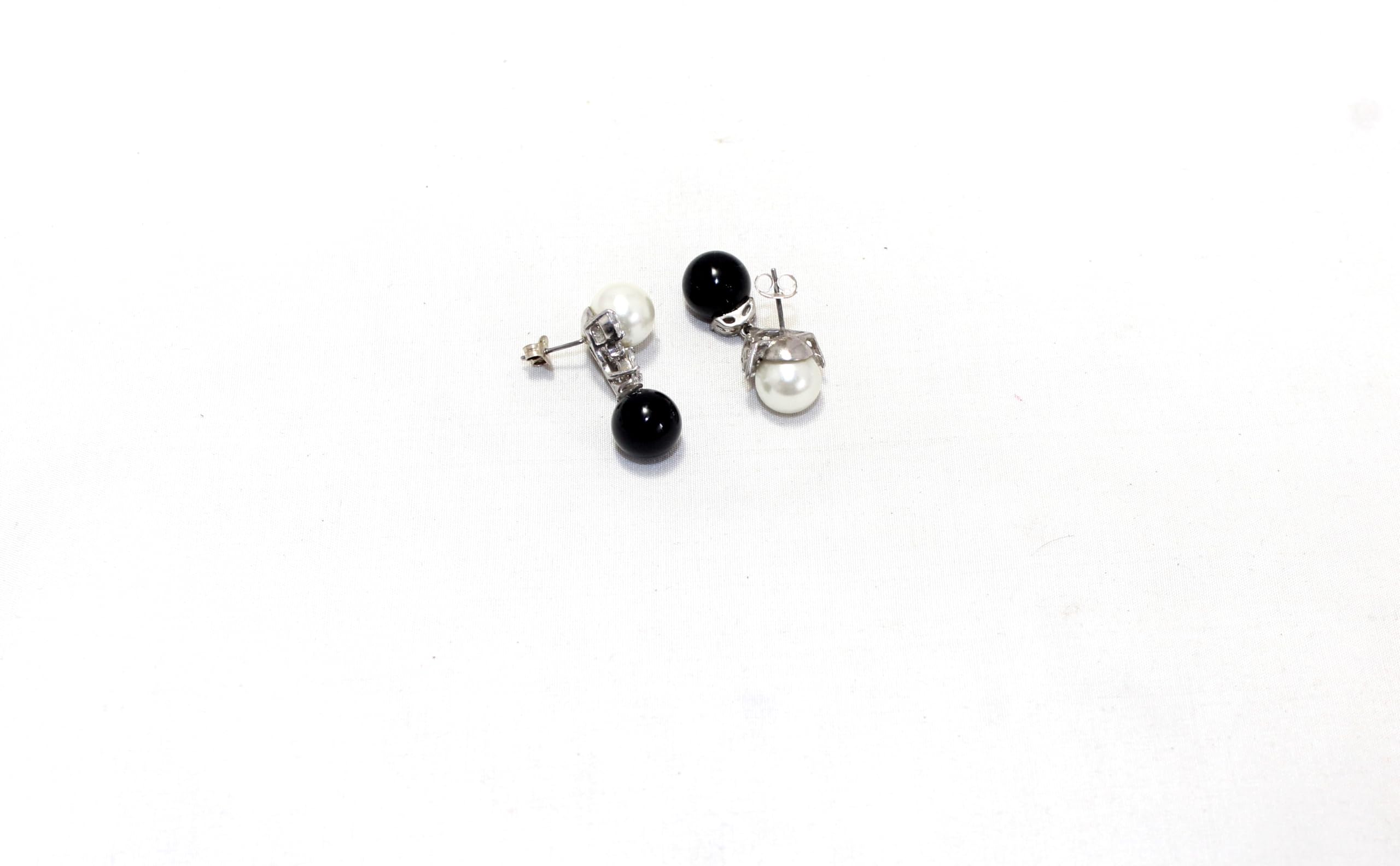 PH Artistic Juego de pendientes colgantes de plata de ley 925 con perla y piedra de ónix, piedras preciosas y circonita cúbica y circonita cúbica para mujer, hechos a mano i967