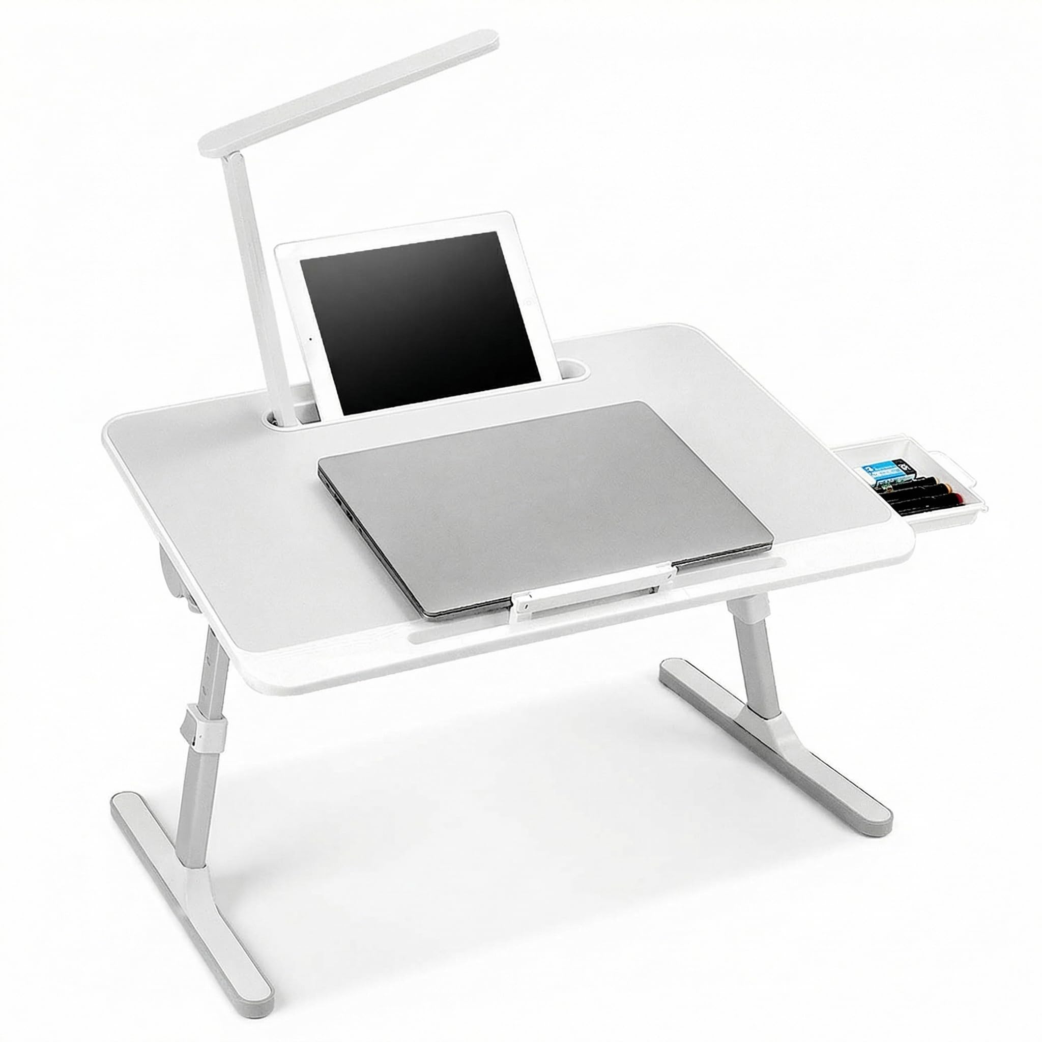 QWORK® Bed Table Laptop Table, Adjustable Height Angle, Folding Bed Table with Drawer and LED Lamp, 60 x 40 cm