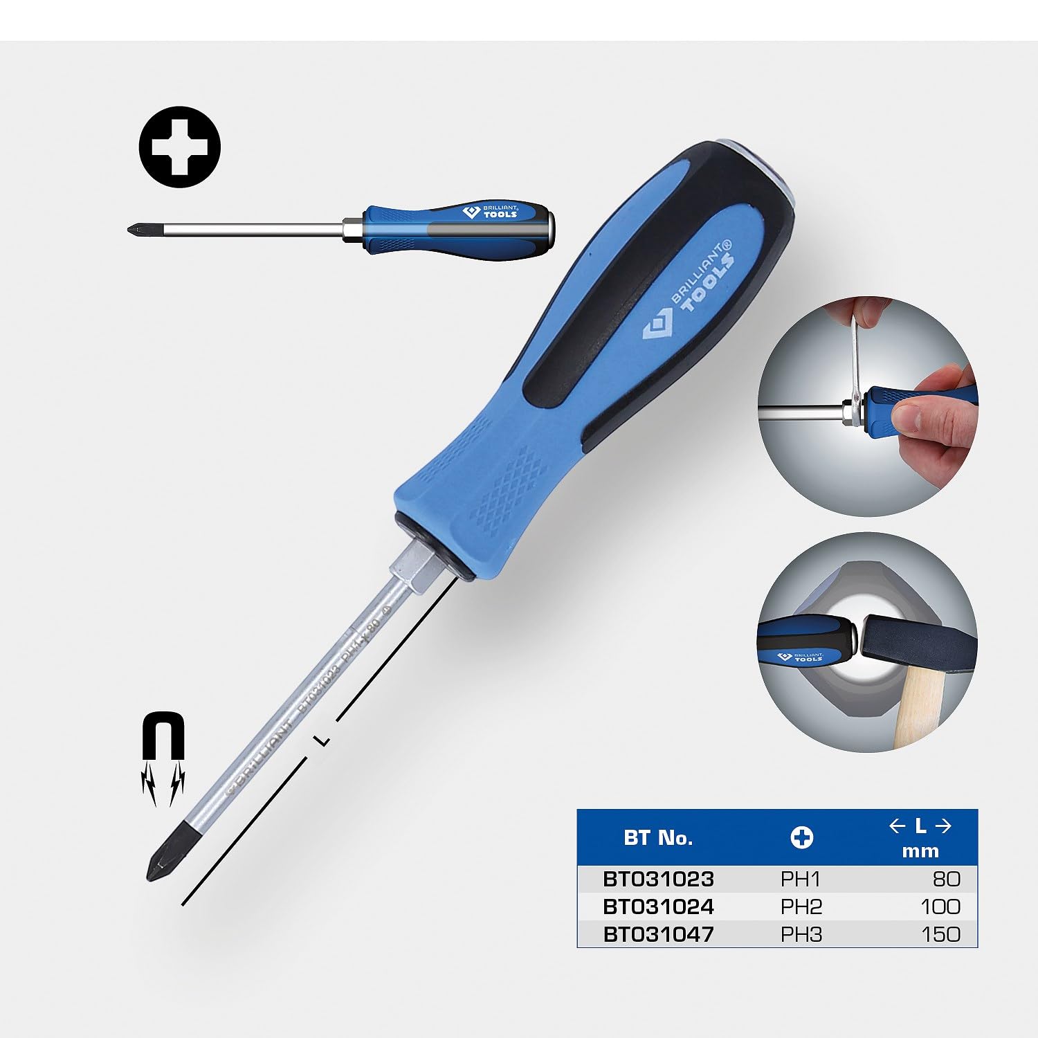 BRILLIANT TOOLS BT031024 Giravite a croce con calotta di percussione, PH2 x 100 mm [Powered by KS TOOLS]