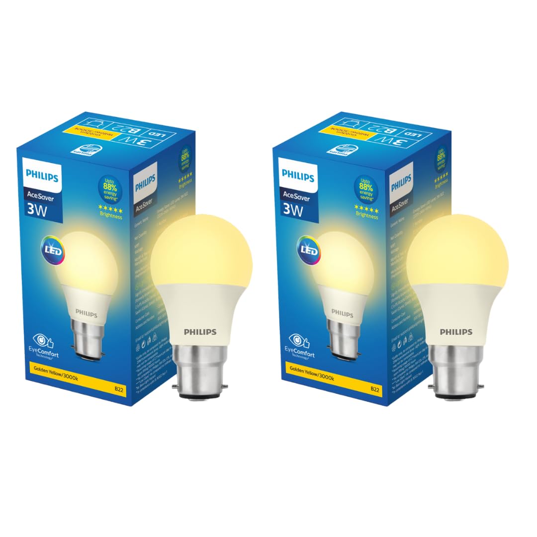 PHILIPS 3-watt LED Bulb | AceSaver LED Bulb | Base: B22 Light Bulb for Home | Warm White, Pack of 2