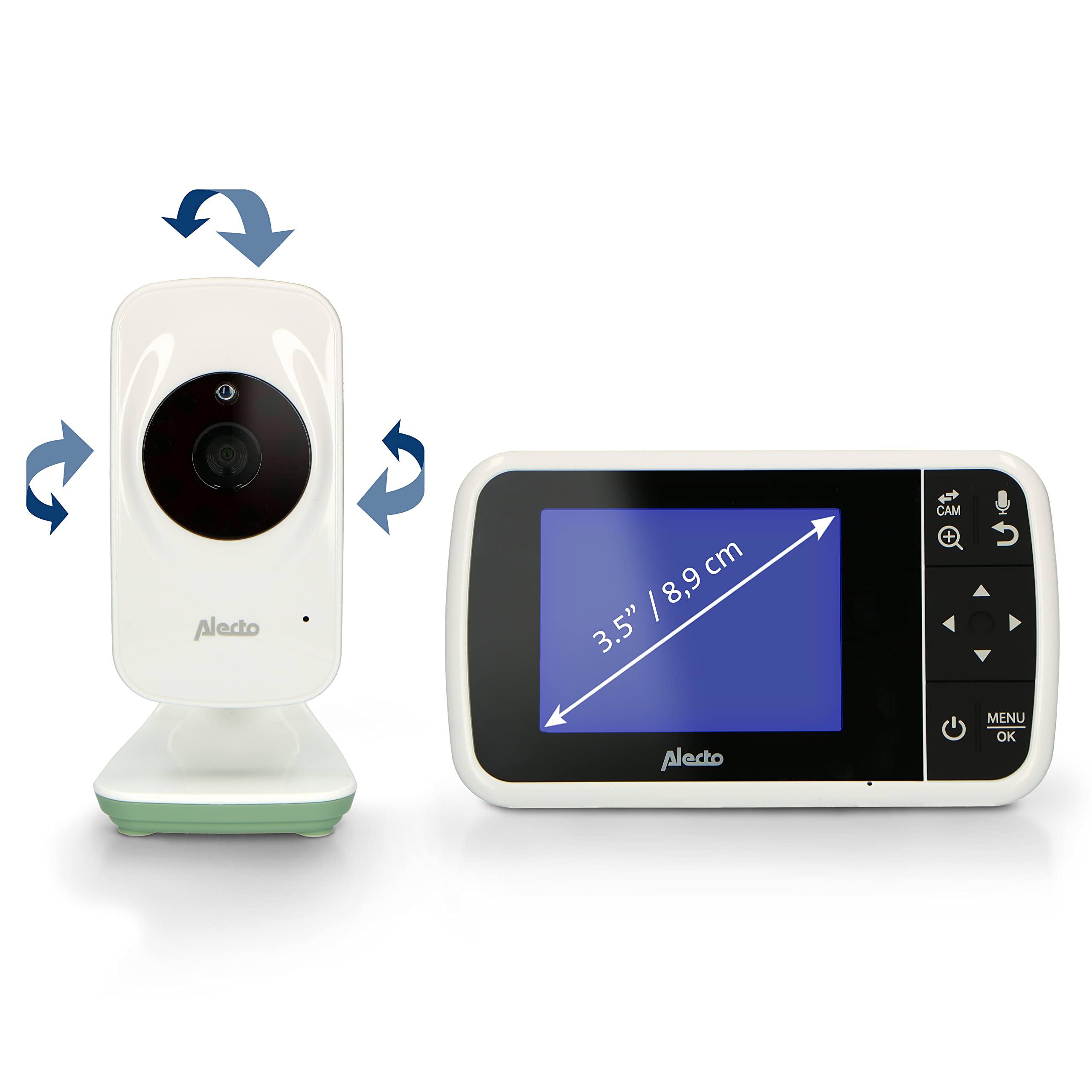 Alecto DVM135 - Baby monitor con telecamera, display a colori da 3,5", unità genitore mobile ricaricabile, funzione talk-back, 8 ninne nanne, bianco