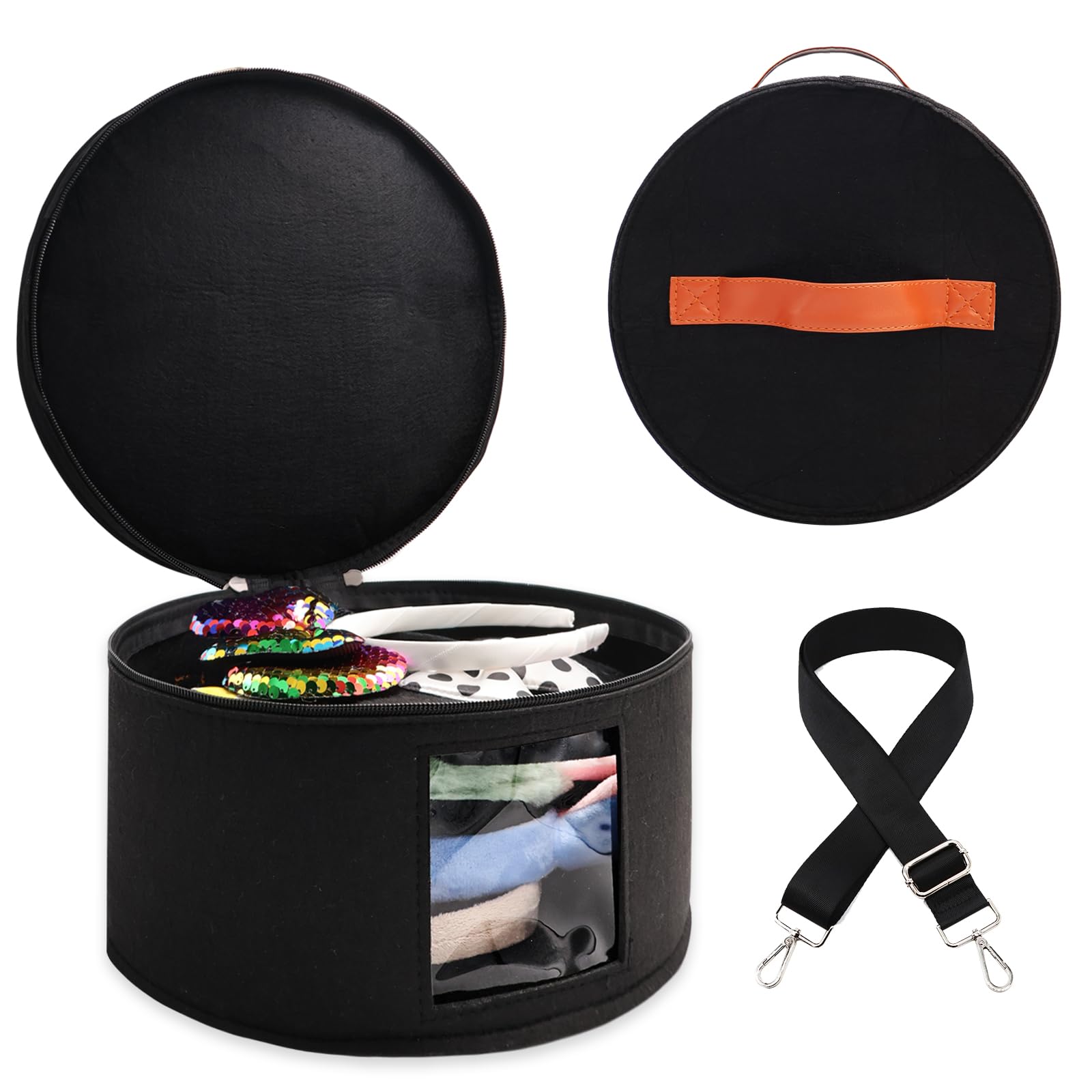 Heaband Holder Organizer, Large Round Tiara Tote Storage Box, Headband Ears Display Storage Box with Shoulder Straps for Hairband, Tiara and Hair