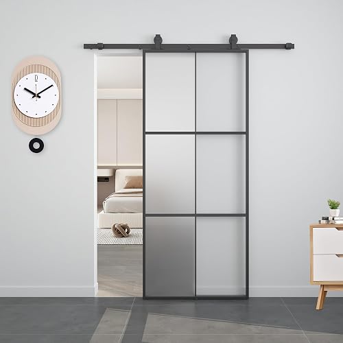 BARNSMITH 34in x 80in Aluminum Glass Barn Door with 5.7FT Hardware Included, Frosted Tempered Glass, 6 Lattice, Lightweight Sliding Barn Door, Easy Assembly - 34"x80"