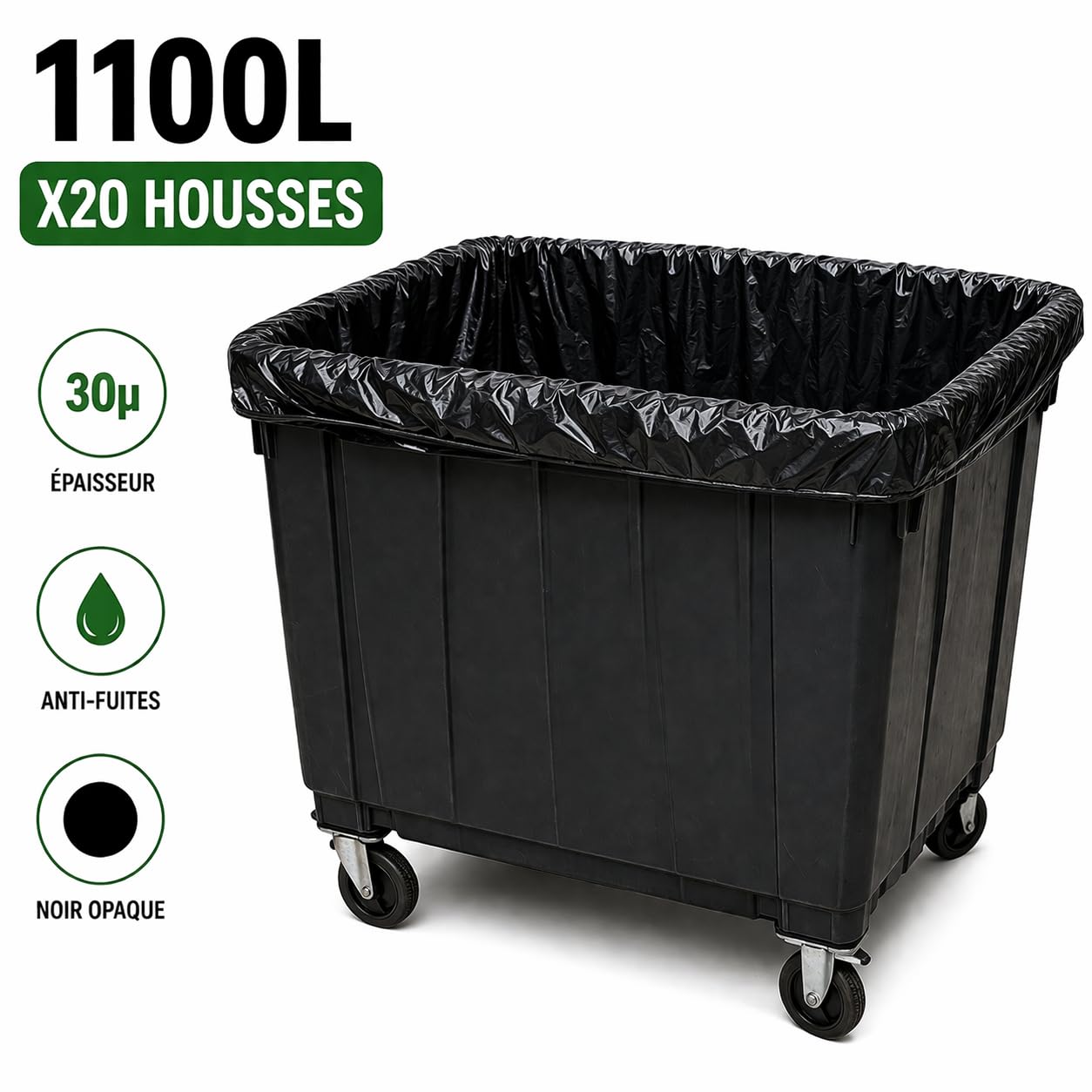 Sac Poubelle 1000-1100L X 20 | Housse Protection Conteneur 1000 Litres | Sacs Housses 1100 Litres Noir Opaque | Tous Types Déchets et Ordures | Epaisseur 30µ | Anti Fuites et Anti Salissures