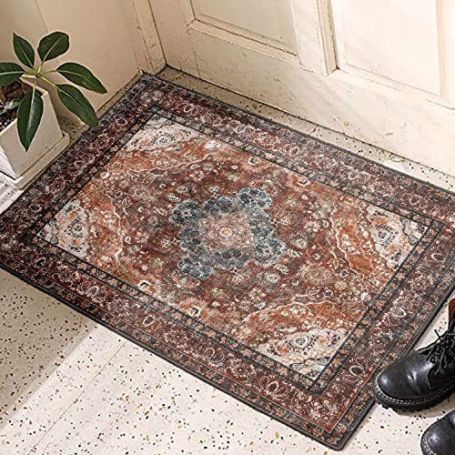 2'X3' Rug Door Vintage Boho Small Rugs For Entryway Indoor Retro Distressed Throw Rugs Persian Carpet Oriental Farmhouse Kitchen Doormat Washable Non Slip Rug Bedroom Kitchen Brown Tan Brick Red Green #TOP6