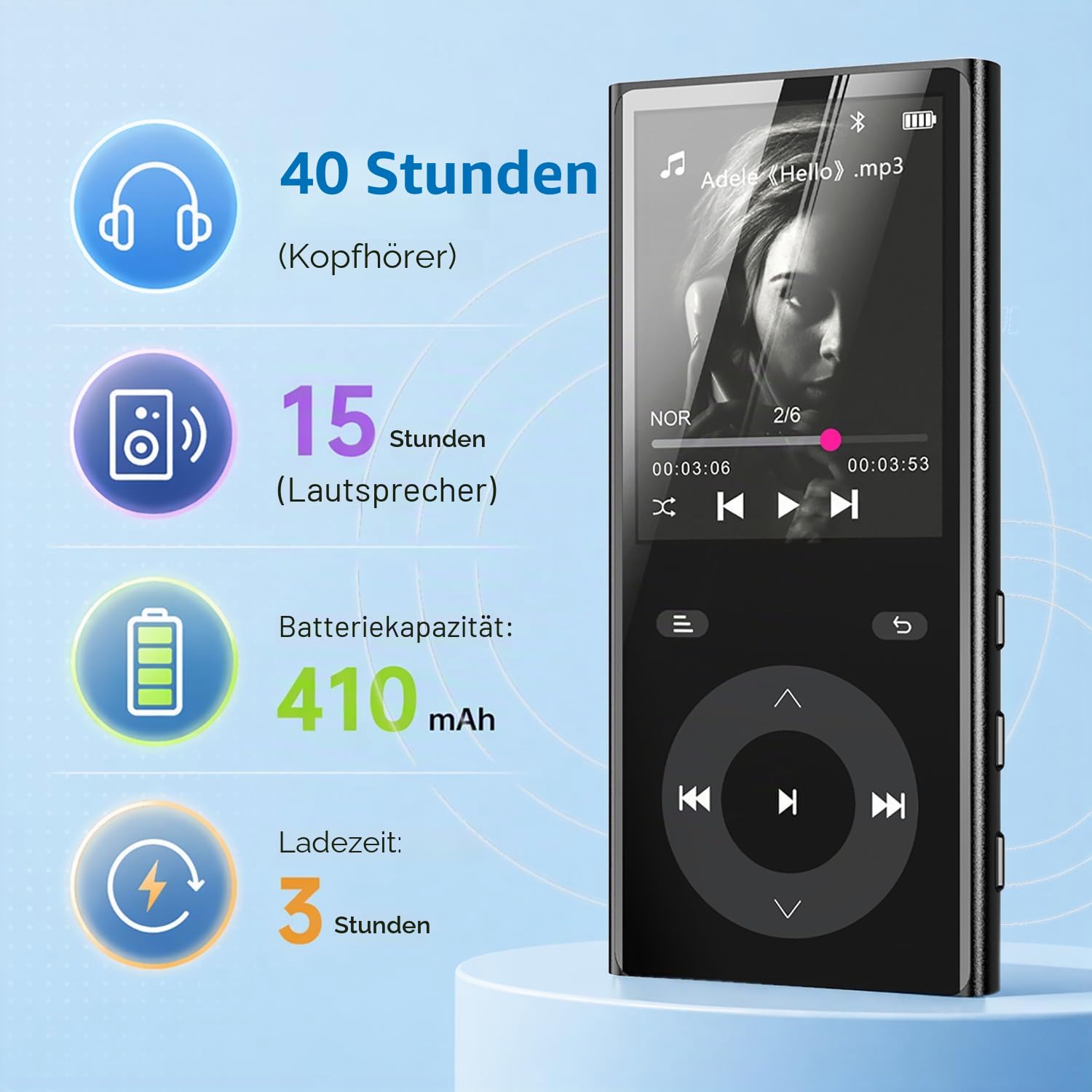 90GB MP3 Player Bluetooth 5.3, Musik Player 2 TF-Kartensteckplätzen, 2,4" Farbbildschirm, Touch-Tasten, MP3 Player Kinder mit Lautsprecher, Unterstützung bis zu 256 GB, Inklusive Kopfhörer, Schwarz