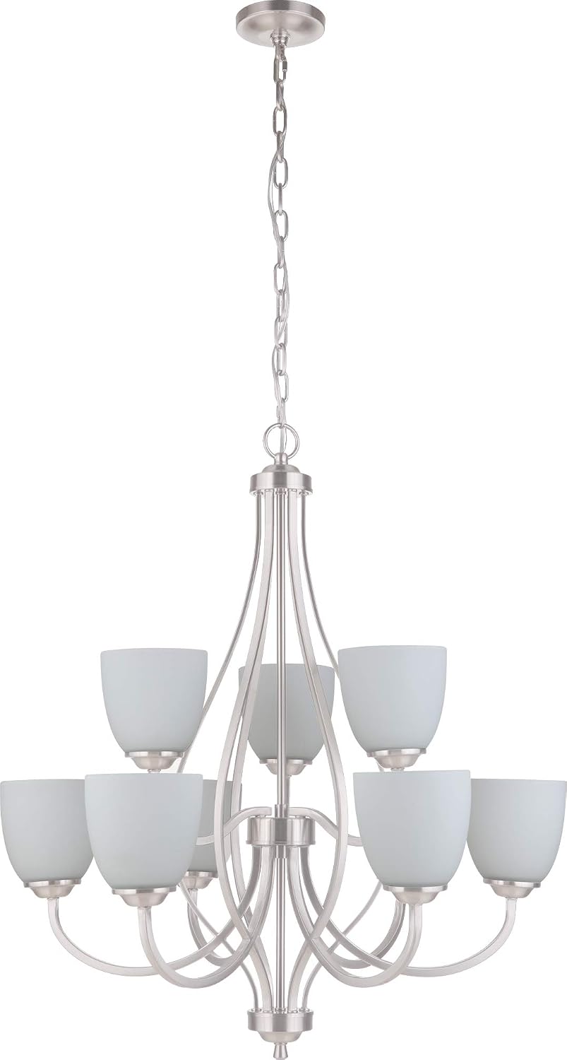 Craftmade 49929-BNK-WG Serene White Frosted Glass Chandelier, 9-Light 540 Watts, Brushed Polished Nickel