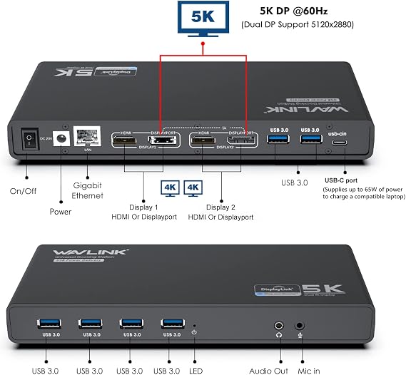 WAVLINK DisplayLink Docking Station, Dual 4K & Single 5K, 65W PD