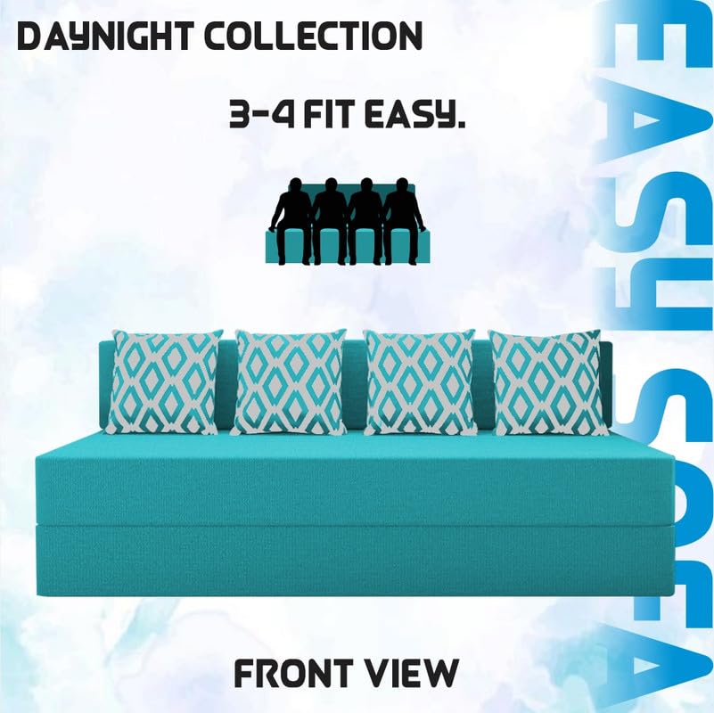 Image of Adorn India Easy 4 Seater Sofa Cum Bed (Rhombus Pattern) Size 6' X 6' Ft (Aqua Blue Color) Perfect for Home & Office for Guests (1 Year Warranty)
