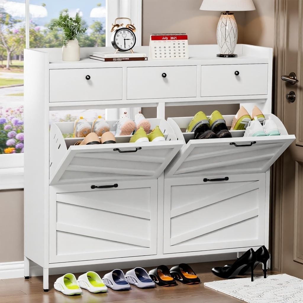 Metal Shoe Storage Cabinet for Entryway, Freestanding Steel Shoe Organizer with 4 Flip Drawers and 3 Top Drawers, Slim Hidden Rack for Hallway Front Door, Black Hardware, White