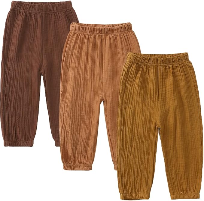GFQLONG 3 Pack Toddler Boy Girl Casual Basic Plain Soft Pant Baby Summer Fall Comfy Cotton Linen Bloomers Pants