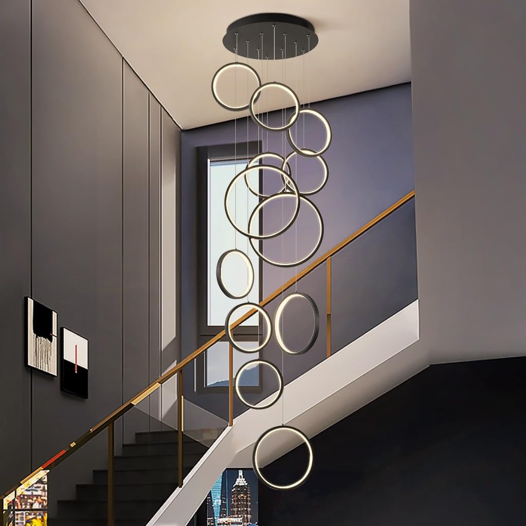 Lámpara Colgante LED Moderna Regulable Tipo araña - 18 Anillos Ajustables con Control Remoto, Luces de Techo de 195 W para escaleras, Sala de Estar, Entrada de Hotel y vestíbulo.