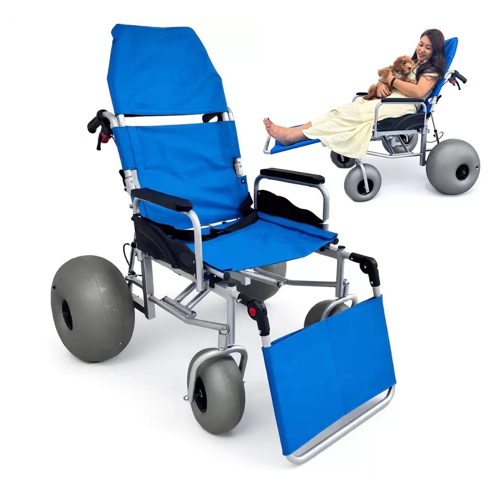Silla De Ruedas Playa Con Neumáticos Tipo Globo, Todo Terreno, Respaldo Reclinable Y Reposapiés Ajustable, Capacidad 220 Libras, Fácil Desmontaje, Perfecta For Arena Suave Uso En Exteriores