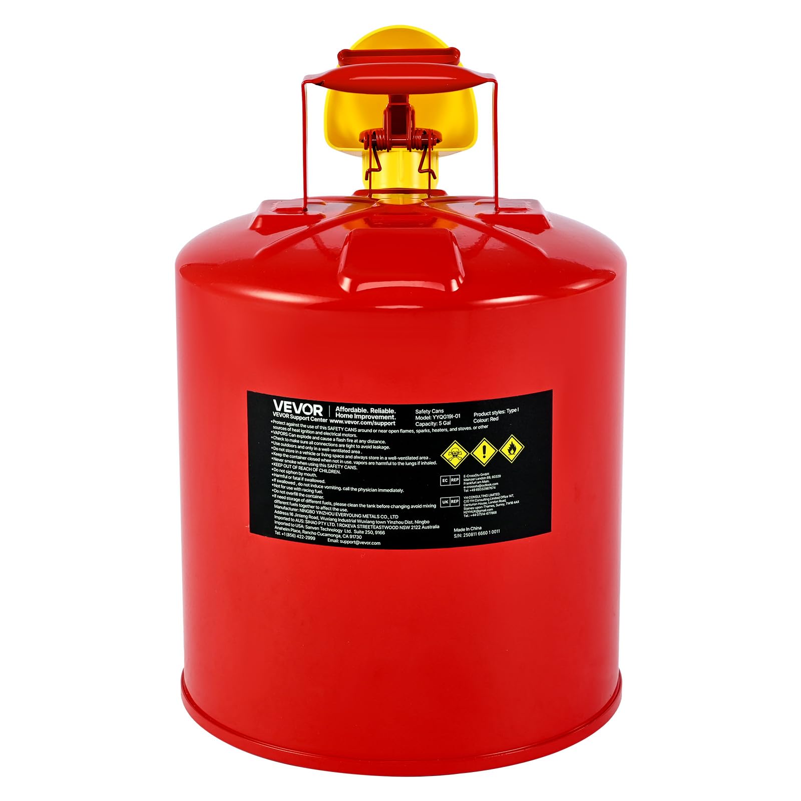 VEVOR Tanica di Sicurezza per Benzina Tanica di Sicurezza Rossa da 19 Litri di Tipo I per Benzina con Parafiamma in Acciaio Inossidabile, Coperchio a Chiusura Automatica e Imbuto in PE