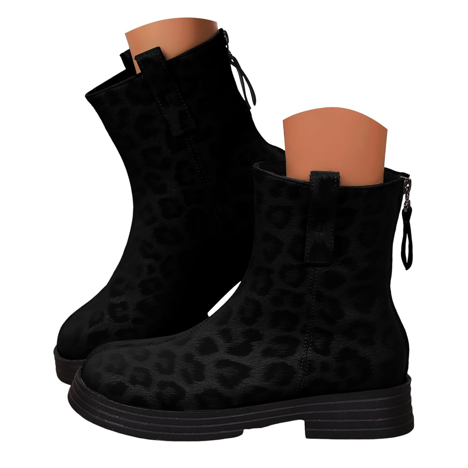 Women Platforms Mid Calf Boots Leather Leopard Print Wide Calf Back Zipper Chunky Block Mid Heels Round Toe