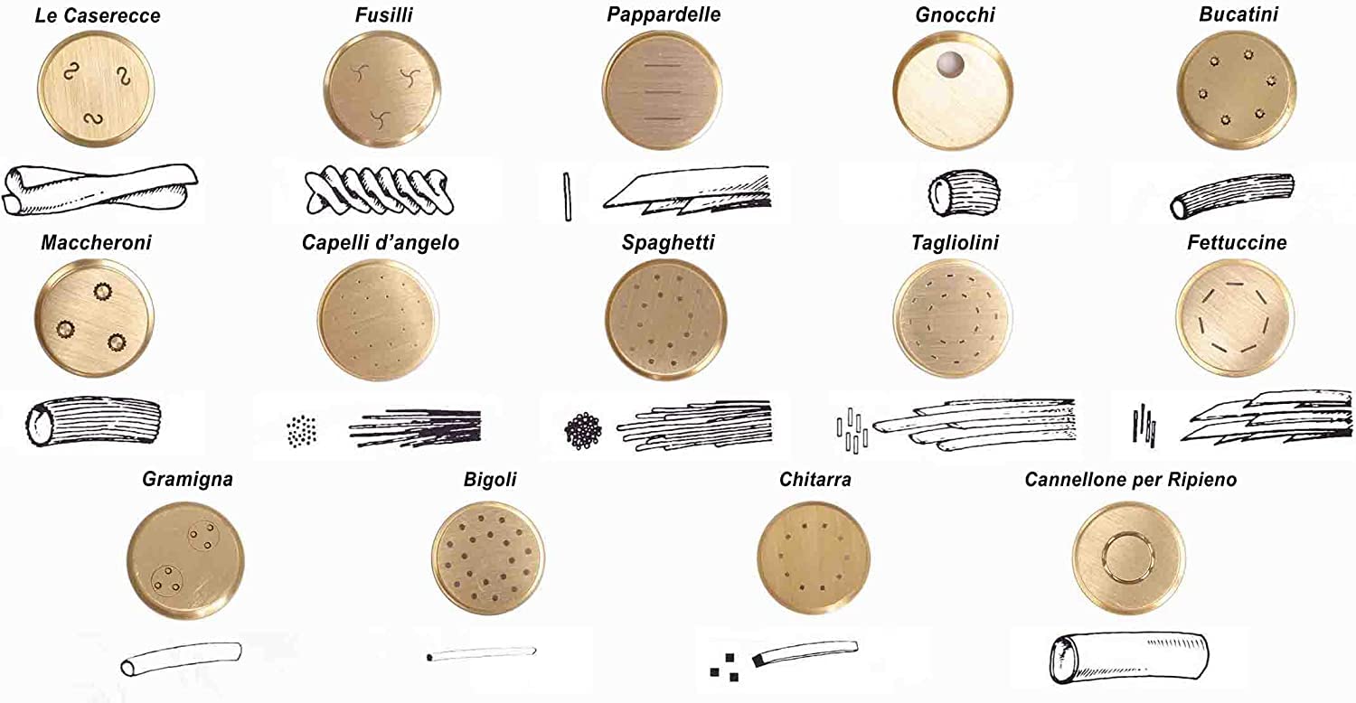 Macchina per fare la Pasta Fresca professionale con coltello TAGLIAPASTA elettrico, 4 trafile in bronzo incluse, capacità vasca 1,5kg, produzione max pasta 4kg