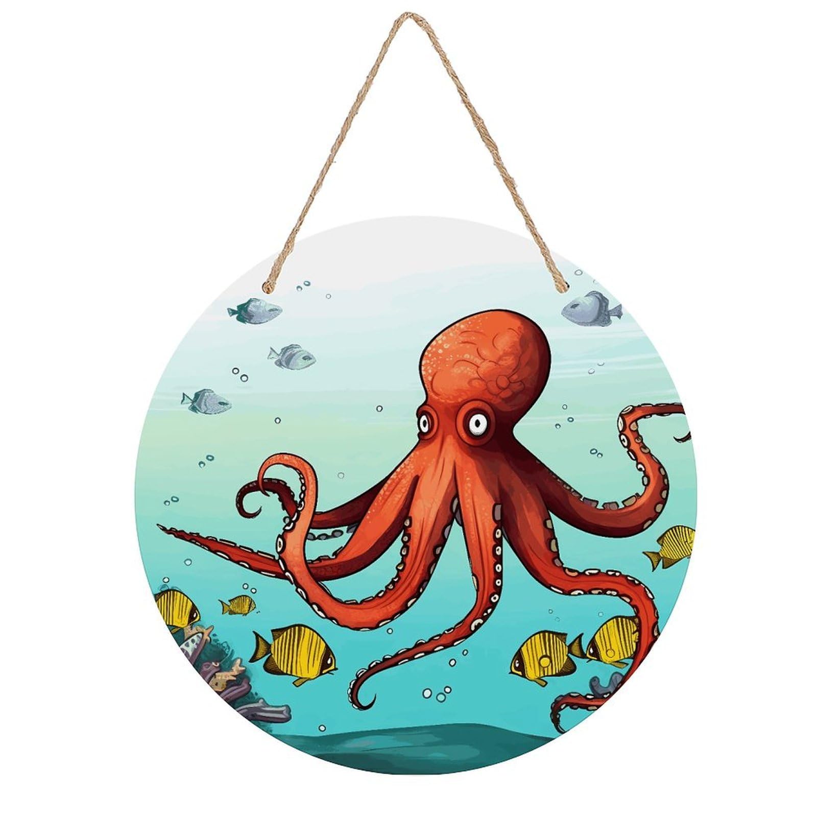 VstaDank Giant Octopus Wall Art Decor with Ropes Wooden Hanging Sign Hanging Wall Decor Artwork Round Wood Painting Modern Wall Prints Decor Picture for Office Bar Home Decors