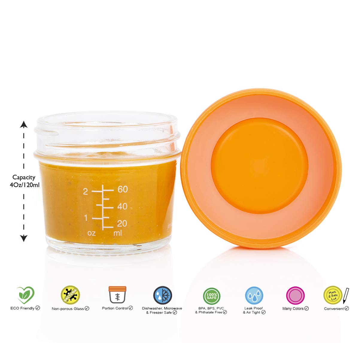 Glass Baby Food Storage Containers Set contains 12 Small Reusable 4oz