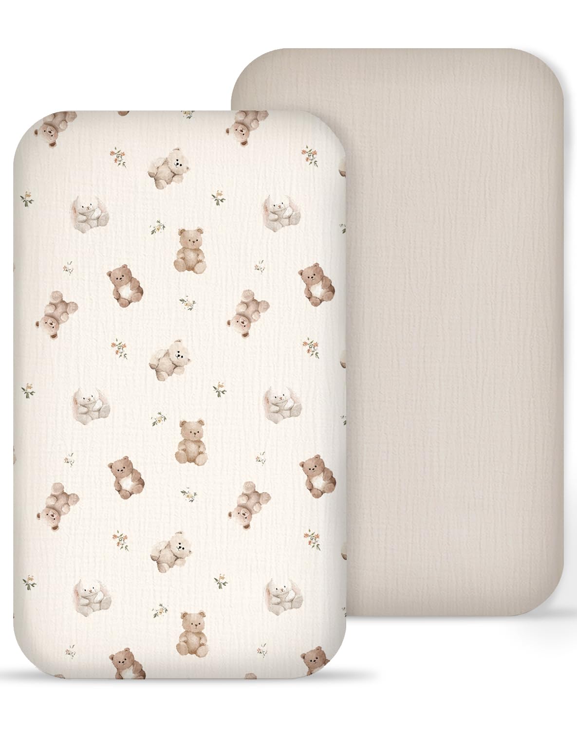 Muslin Bedside Bassinet Sheets 2 Pack, 33x20 Fitted Ultra Soft & Breathable Bedside Sleeper Sheets, Ideal for Baby Girl and Boy, Perfect for Newborns (Teddy & Friends)