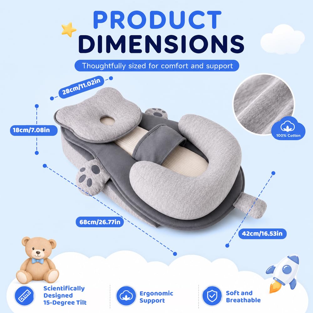 Réducteur de Lit Bébé, 15° Coussin Anti Reflux Bébé Ergonomique avec Coussin en Silicone et Repose-Pied en U, Détachable et Lavable Cale Bébé pour Nouveau-Nés, Réduire Les Régurgitations, Gris