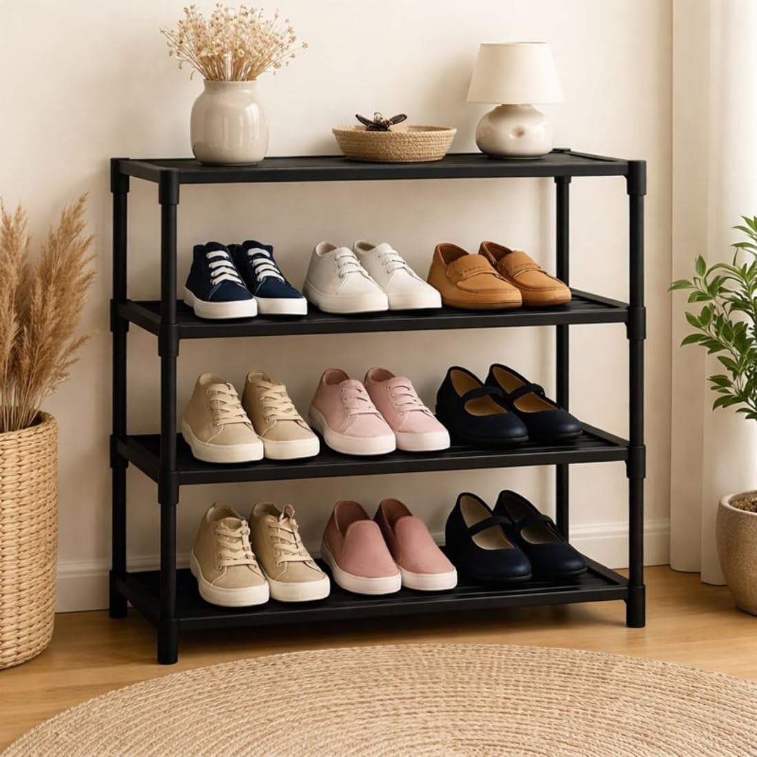 4 Tier Shoe Rack with Shelf, Folding Shoe Rack for Bedroom, Living Room,Entryway, Black,Footwear Stand for Home, ShoeRack Plastic Home Furniture Cabinet Shelves 4 Shelf (Black, 4)-image-43