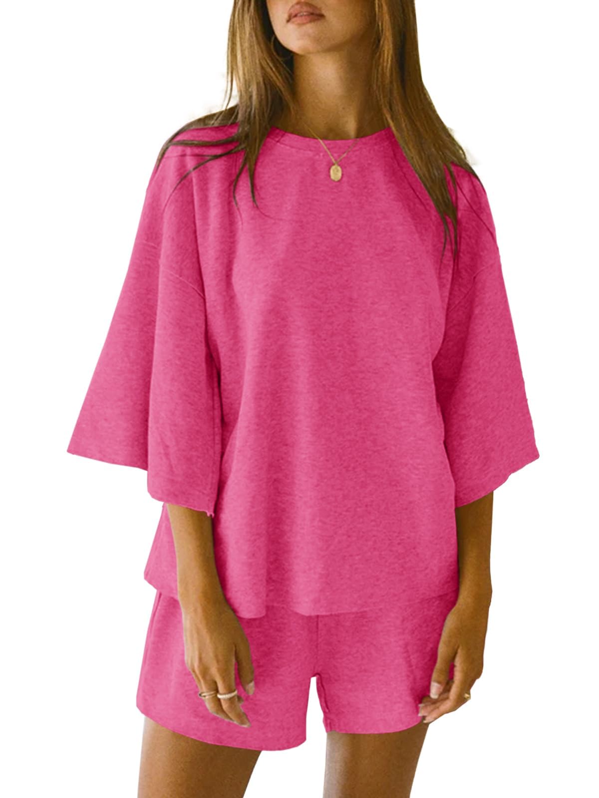 Imily Bela Schlafanzug Damen Kurz Rundhals Pyjama Set Sommer 3/4 Ärmel Nachtwäsche Locker Lässig