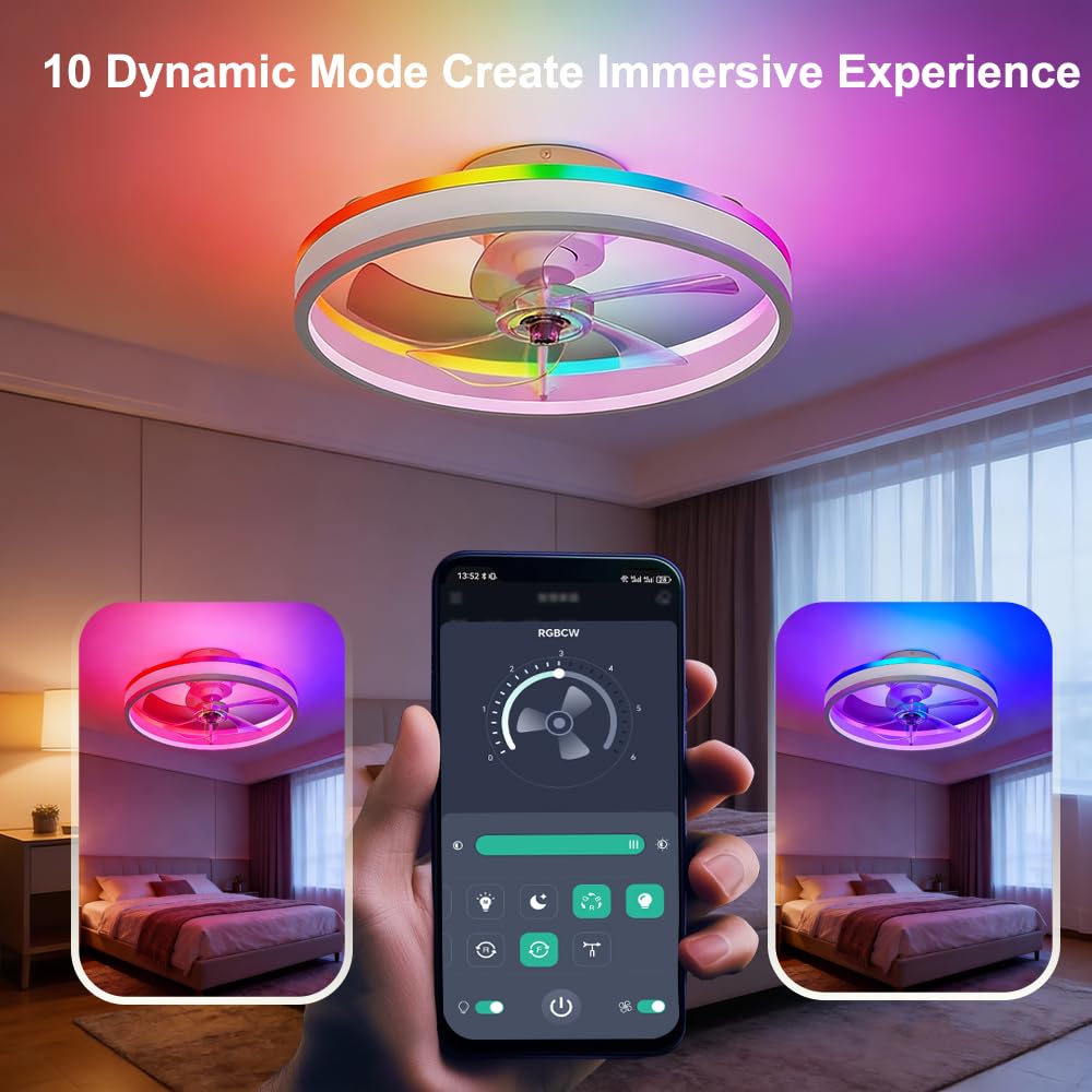RGBCW - Ventilatore da soffitto con luce, 50 cm, da incasso, a basso profilo, con app e telecomando, 6 velocità reversibili, dimmerabile, per camera da letto e soggiorno