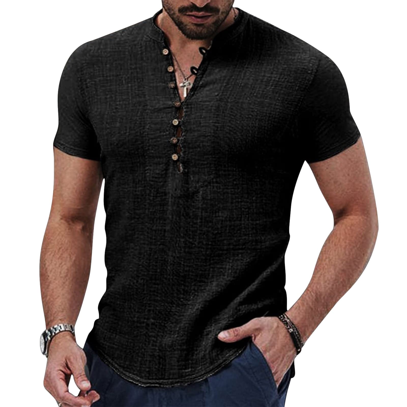 OEAK Camisa Lino Hombre Manga Corta Camisa Verano Hombre de Moda Transpirable Camisa Slim Fit Hombre Casual con Botónes Henley Shirt Suave Cómodo para Vacaciones Mar Playa