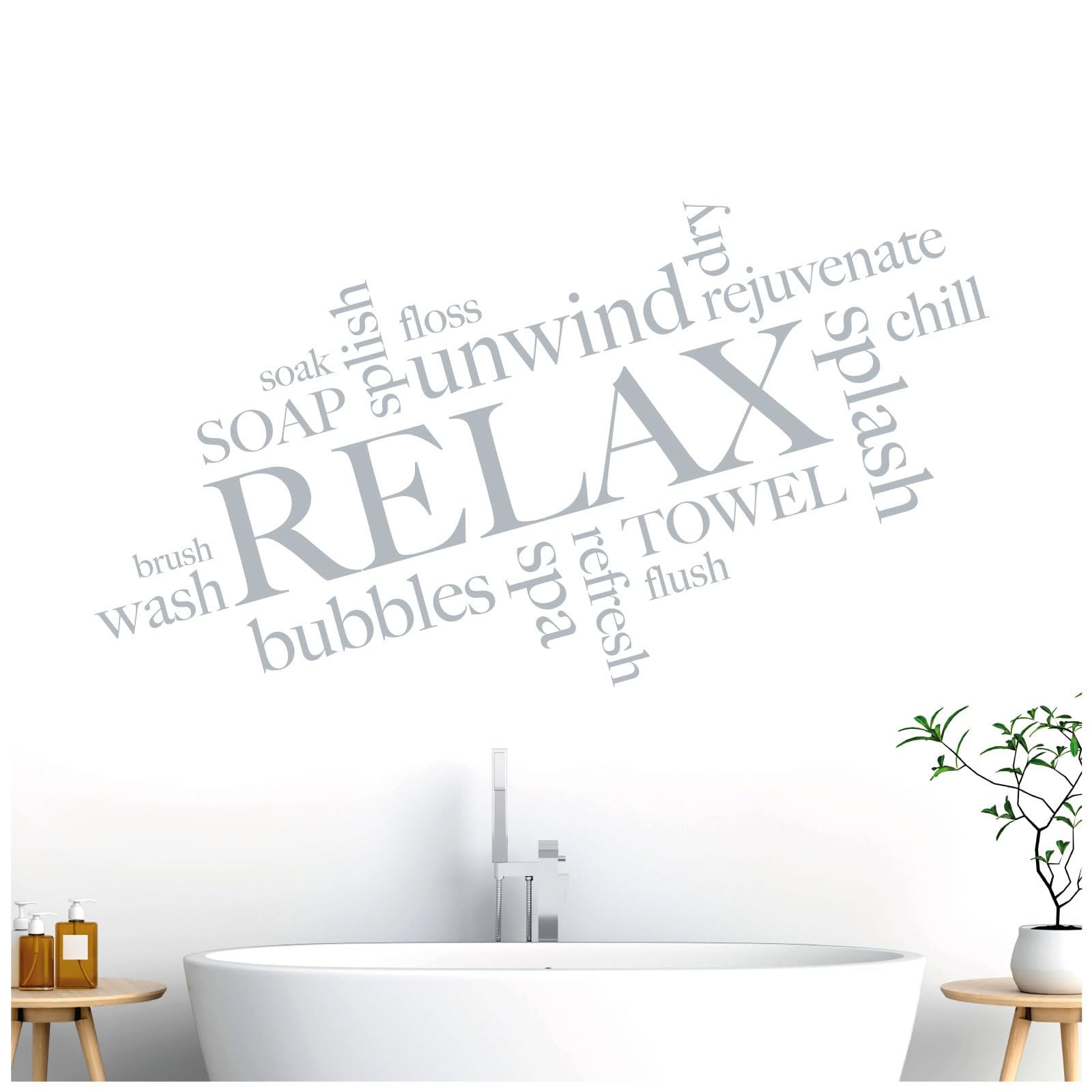 Bathroom Quote Wall Art Sticker - Relax, Unwind, Splash, Spa, Refresh, Soap, Towel, Soak [Large] [Silver]