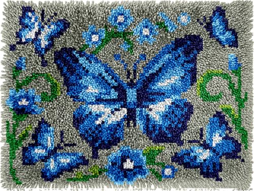 veirousa Blue Butterfly Latch Hook Kits for Adults, Beginners Insect Latch Hook Rug Starter Kit Pre-Printed Carpet Making Set DIY Handmade Wall Hanging Craft for Home Decoration 20x15 inch