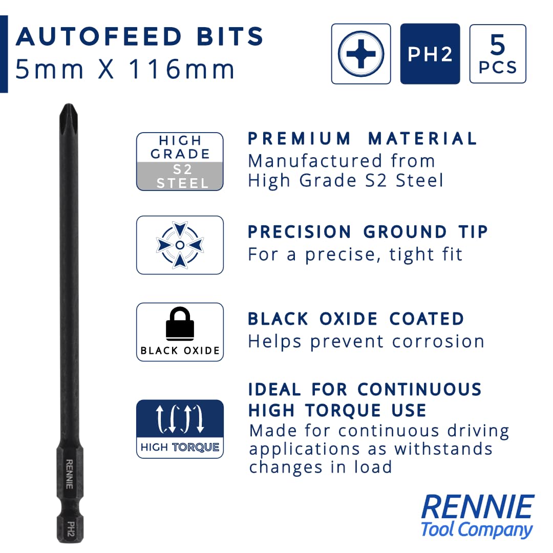 5 x Rennie Tools 116mm Long PH2 Compatible with Hilti SMD 57 Autofeed Collated Drywall Screwdriver Gun Bit Heavy Duty Phillips No.2 Compatible with Hilti SMD 57 - Image 2