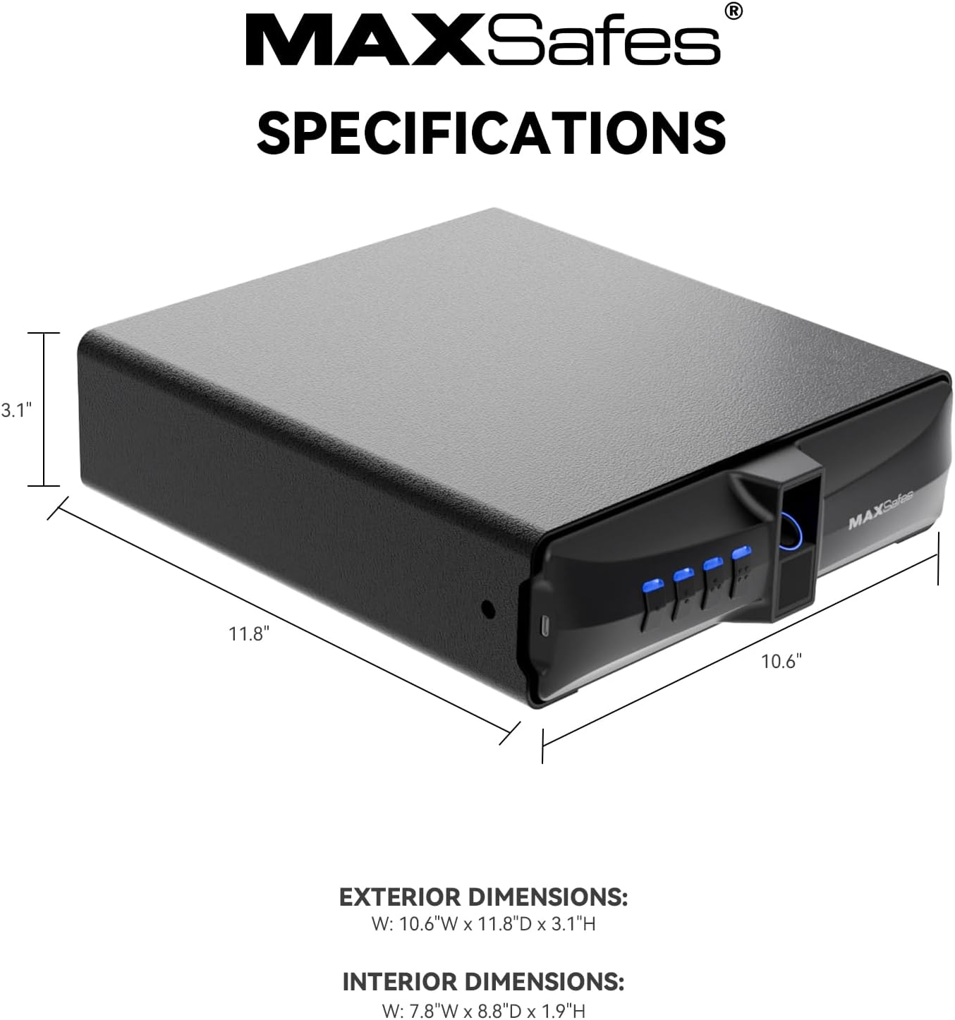 Diagram showing the exterior and interior dimensions of the MAXSafes 10005NV Drawer Safe.