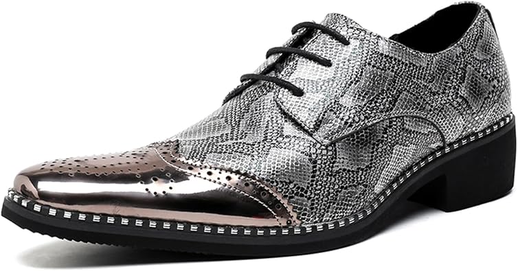 Mens Genuine Leather Snakeskin Lace-Up Dress Oxford Shoes with Chunky Heel Metal Pointed Toe Gold Accents Lightweight Soft Derby Shoes for Formal Weddings Parties Formal Events Nightlife