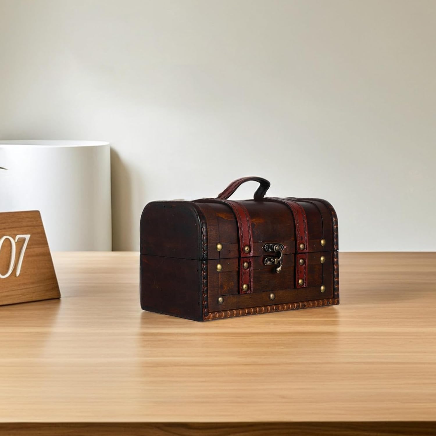 Pirate Treasure Chest Small Wood Storage Chest with Lock Vintage Handheld Jewelry Organizer Dark Brown Decorative Box for Home Display