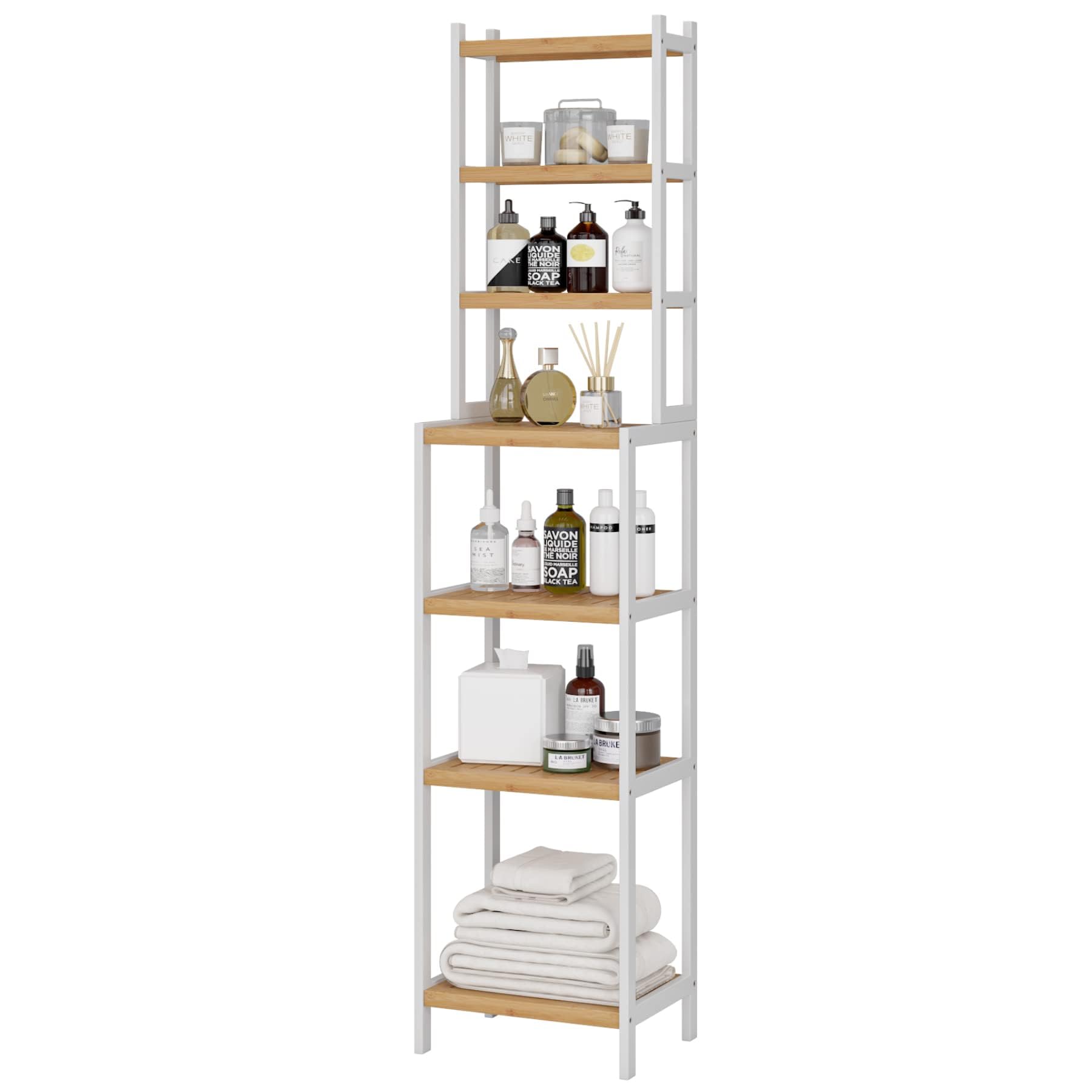 FOREHILL Scaffale Bagno in Bambù con 7 Ripiani Regolabili, Bianco+Naturale | Scaffalatura Portaoggetti,Mensole Scaffale Autoportanti,Ingombro Ridotto,per Bagno, Soggiorno,Cucina, Balcone,160x36x28cm