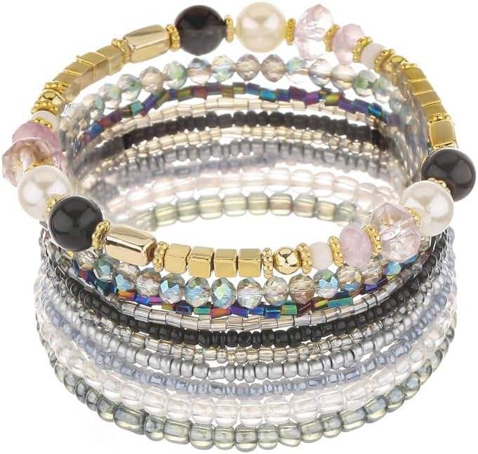 Stackable Bracelets for Women, Stretch Multilayered Bangle Charm, Retro Trendy Crystal Handmade Beaded Bracelet Set