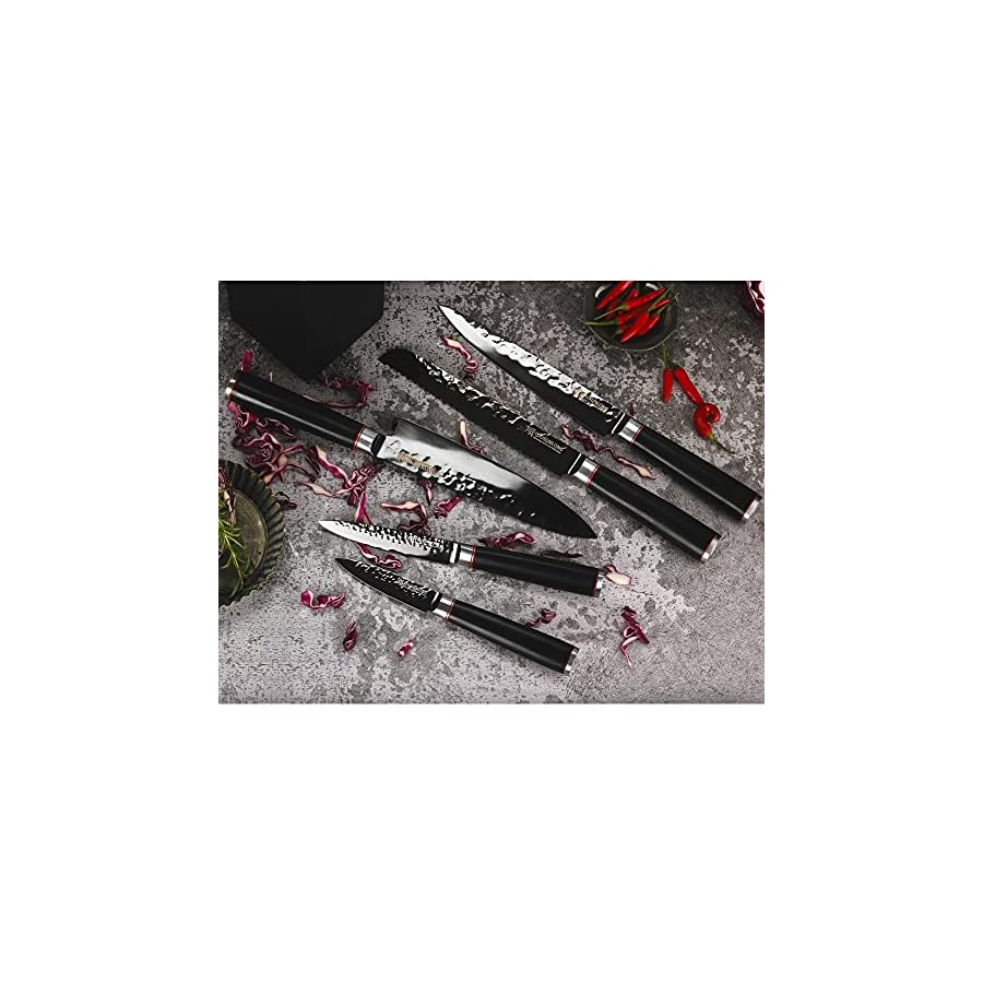 YOUSUNLONG Knife Block Sets 5pcs Kitchen Knives Set - Japanese AUS8 Steel Black Titanium - Natural Fraxinus Americana Holder - Natural Blackwood Handle with Gift Box