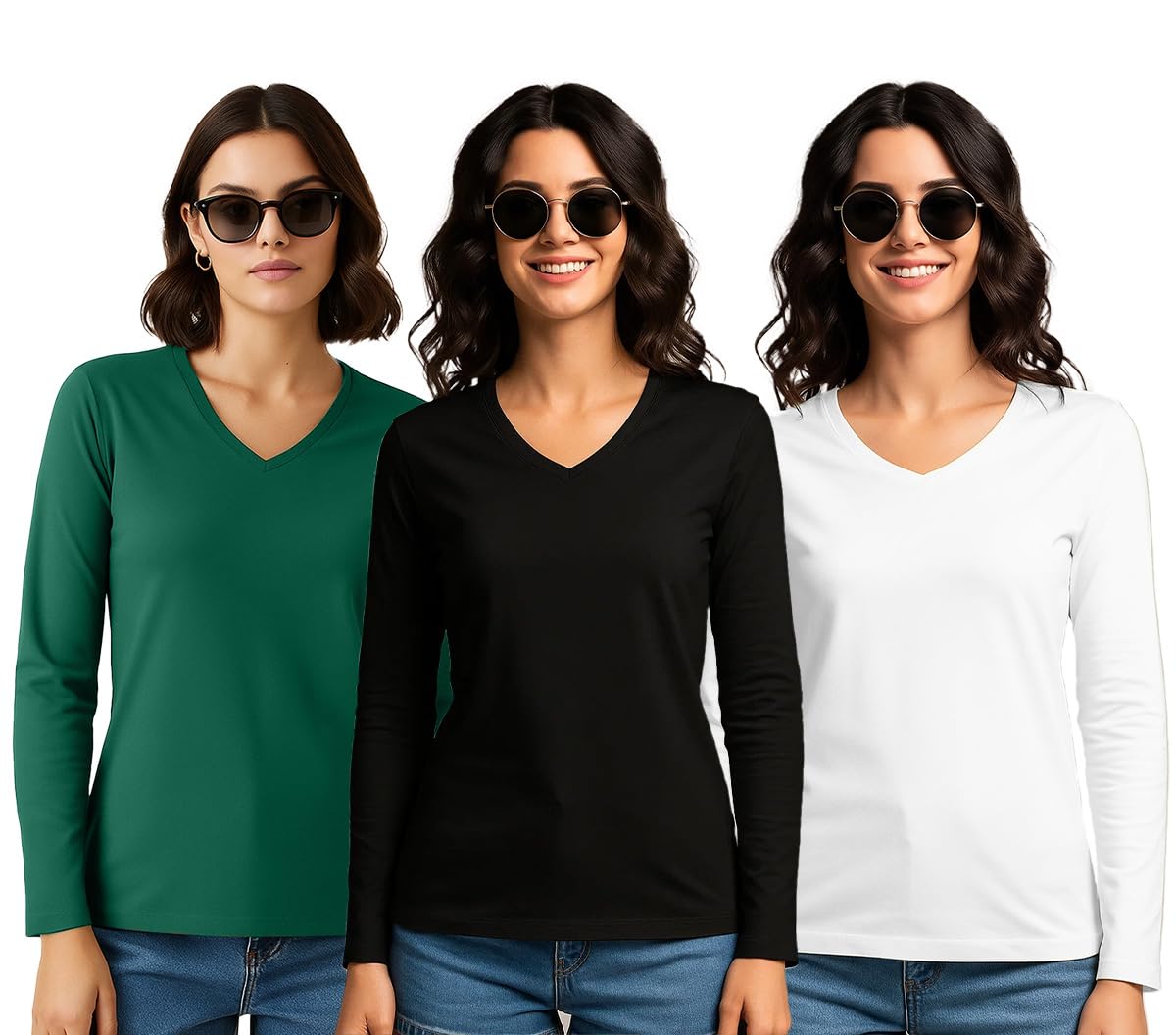 JUNEBERRY® Lot de 3 t-shirts en pur coton pour femme - Col en V - Coupe droite - Tailles S à 2XL