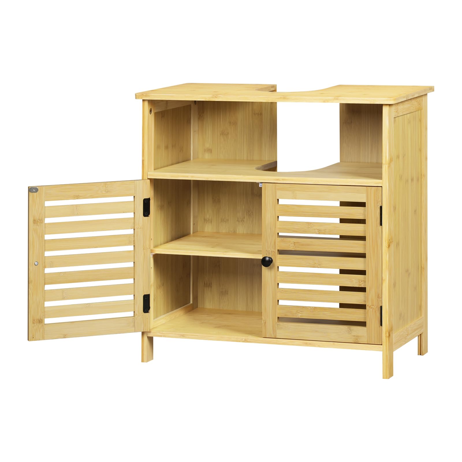 EUGAD Szafka pod umywalkę, bambusowa szafka łazienkowa, z lamelowymi drzwiami i 1 otwartą komorą, regulowana półka, 60x30x60 cm
