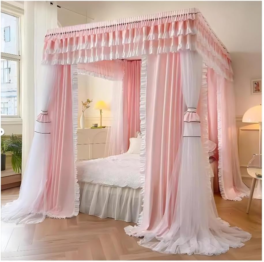 Fabric Bed Drapes Mesh Protection Canopy Shielding Netting,Double Bed Canopy Mosquito Net with Metal Bracket, European Style Romantic Ruffle Edge Bed Curtain Bedroom Decoration (Color : Pink