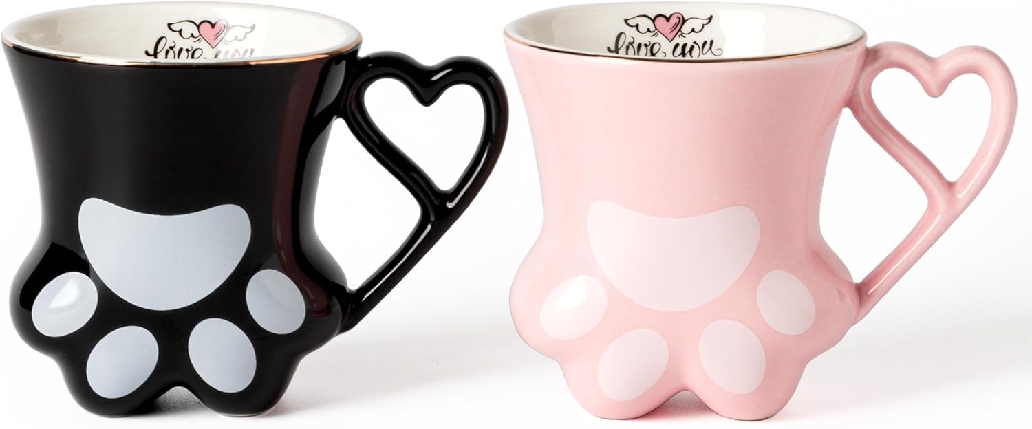 Cat Paw Coffee Mug - Pink and Black Set of 2, Perfect for Cat Lovers, Enjoy Your Coffee with These Cute Cat Paw Mugs, 10oz, Couple&Wedding, Best Festival Gifts(Black&Pink)