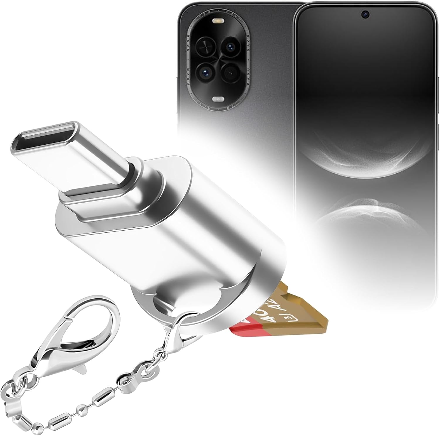 BoxWave Adapter Compatible with Huawei nova 14 Lite - Micro SD Card miniReader, USB Type-C OTG Reader USB3.0 Adapter Keychain - Metallic Silver