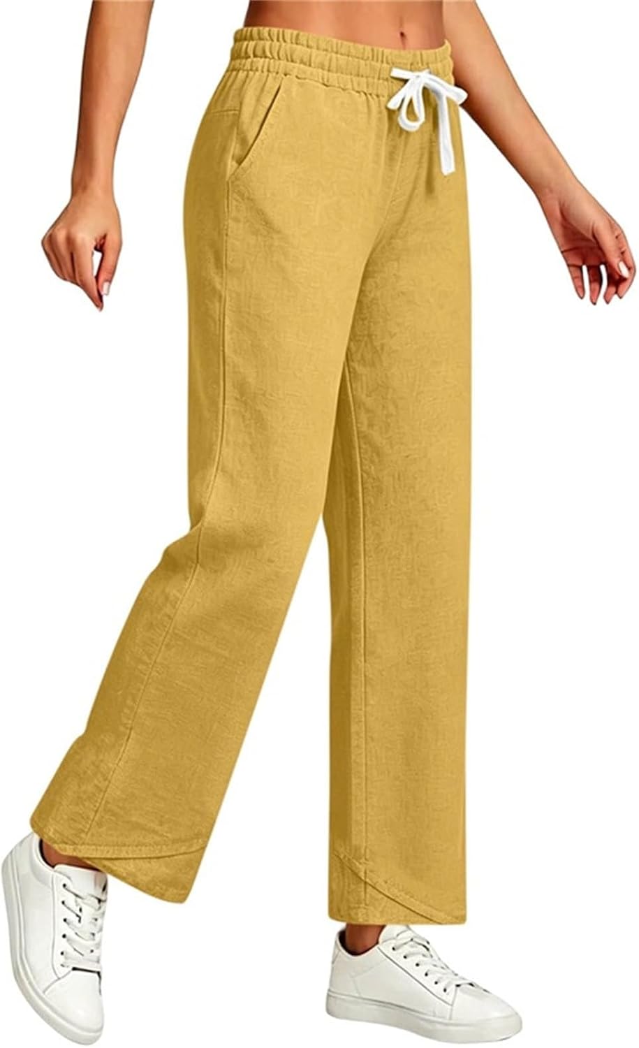 Women's Straight Leg Pants Elastic High Waist Drawstring Casual Trousers with Pockets Summer Vacation Loose Pants