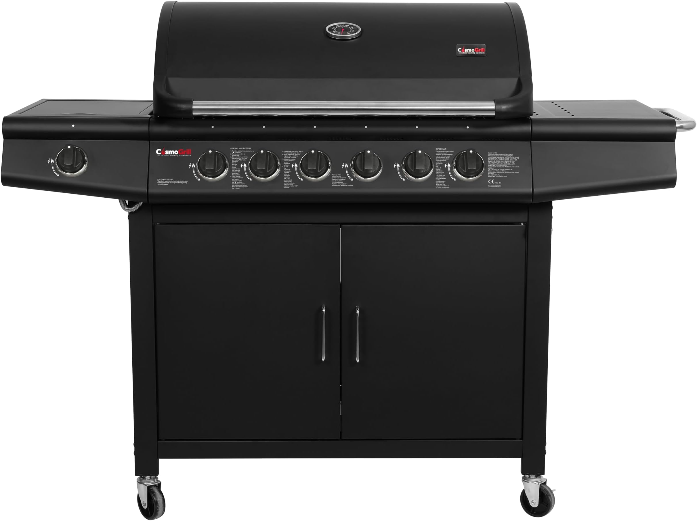 CosmoGrill Pro Deluxe 7 Gas Burner 6+1 Barbecue Grill Steel Warming Rack, Side-Burner, Built-in Temperature Gauge for Home Garden Party Outdoor Cooking (Black)