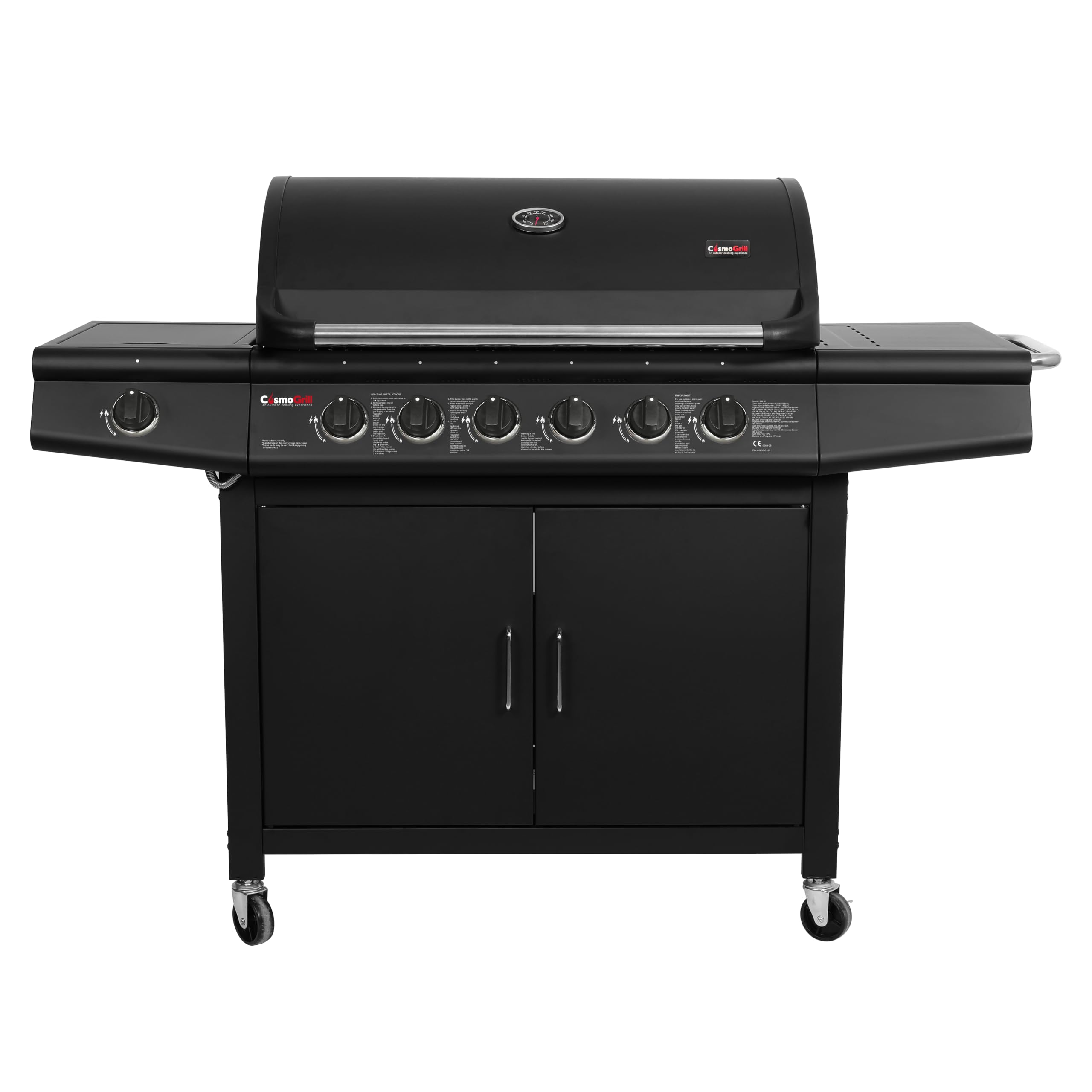 Cosmogrill Black Pro Deluxe 7 Gas Burner 6+1 Barbecue Grill Steel Warming Rack, Side-Burner, Built-In Temperature Gauge For Home Garden Party Outdoor Cooking (Black)